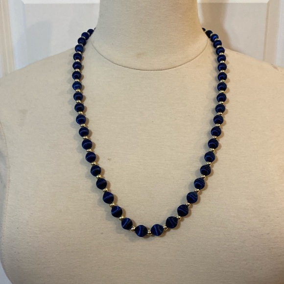Vintage Blue & Gold Spun Silk Bead Endless Necklace - Picture 1 of 6